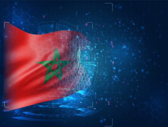Morocco, vector 3d flag on blue background with hud interfaces